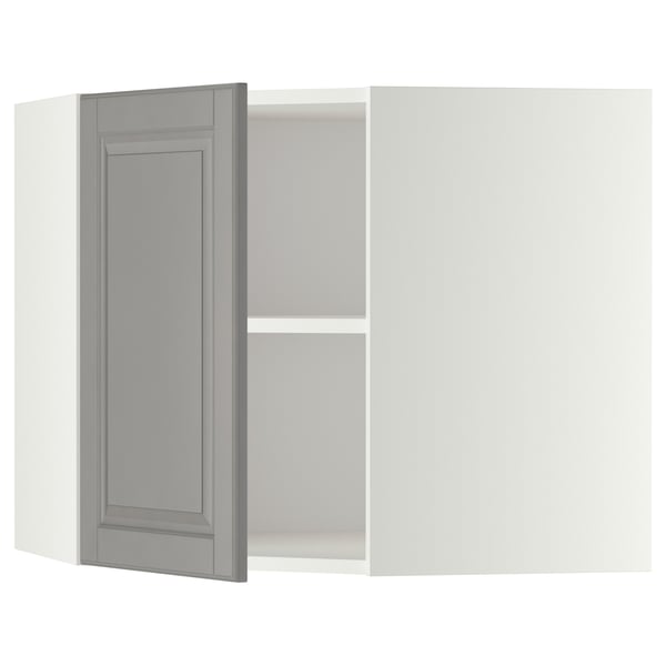 METOD corner wall cabinet with shelves, white/Bodbyn grey, 68x60 cm