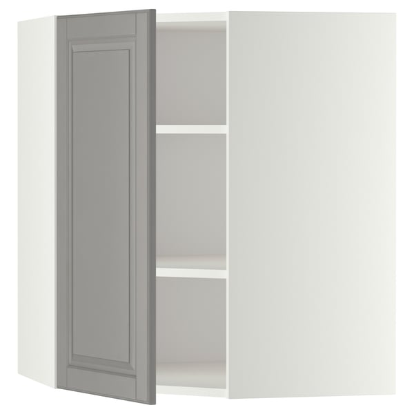 METOD corner wall cabinet with shelves, white/Bodbyn grey, 68x80 cm