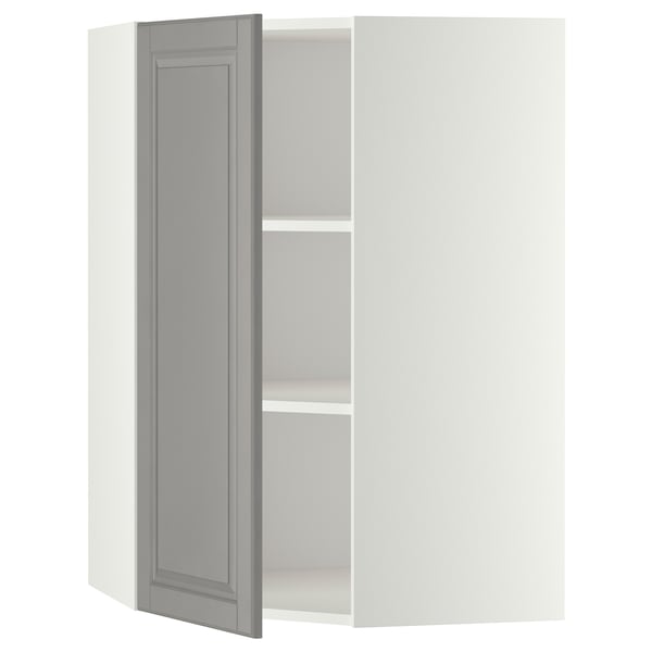 METOD corner wall cabinet with shelves, white/Bodbyn grey, 68x100 cm