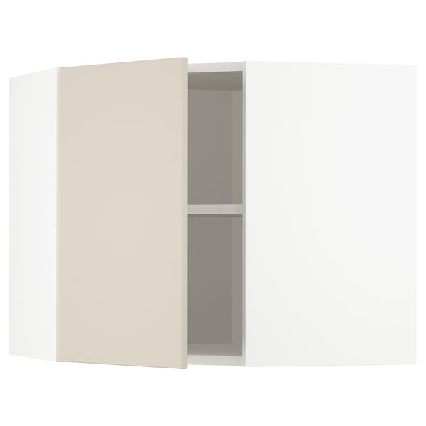 METOD corner wall cabinet with shelves, white/Havstorp beige, 68x60 cm