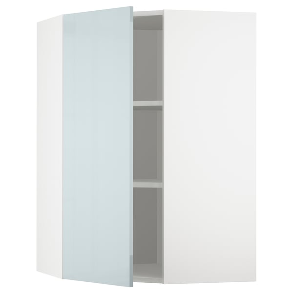 METOD corner wall cabinet with shelves, white/Kallarp light grey-blue