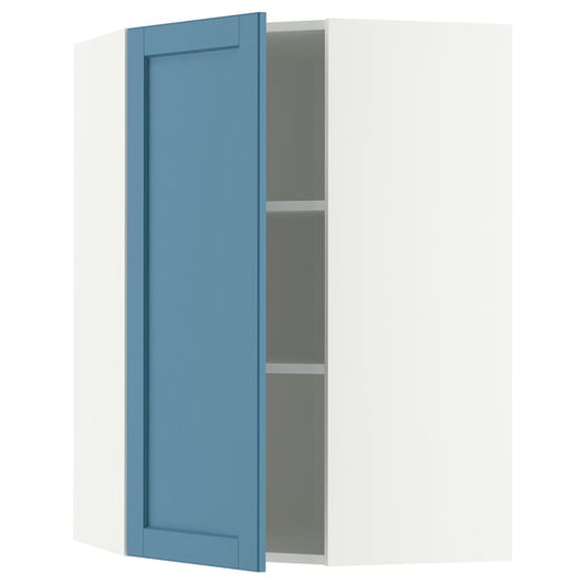 METOD corner wall cabinet with shelves, white/Lerhyttan blue, 68x100 cm
