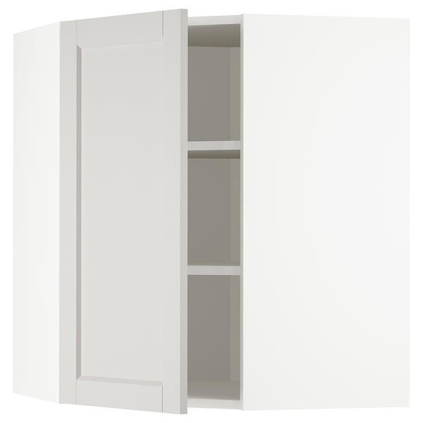 METOD corner wall cabinet with shelves, white/Lerhyttan light grey, 68x80 cm