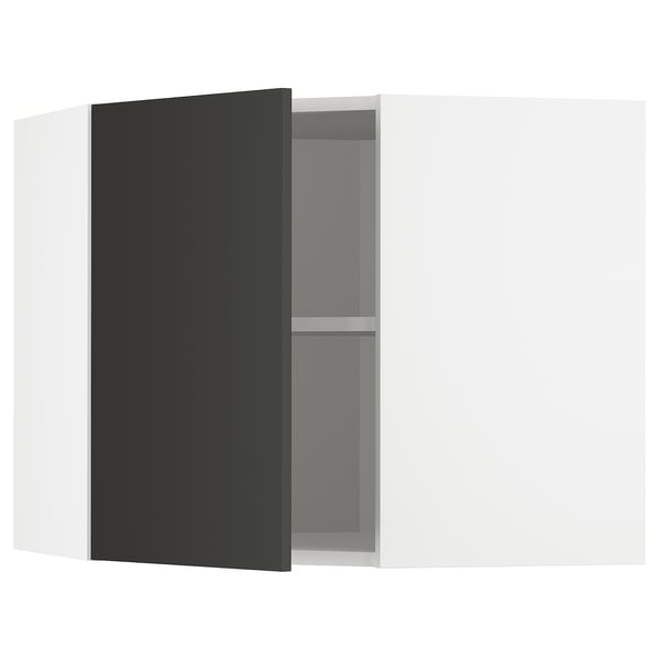 METOD corner wall cabinet with shelves, white/Nickebo matt anthracite, 68x60 cm