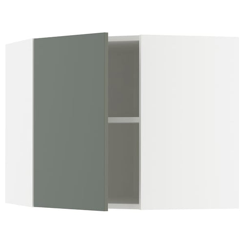 METOD corner wall cabinet with shelves, white/Nickebo matt grey-green, 68x60 cm