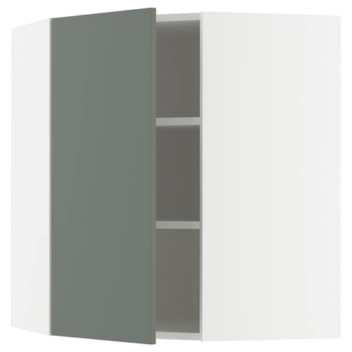 METOD corner wall cabinet with shelves, white/Nickebo matt grey-green, 68x80 cm