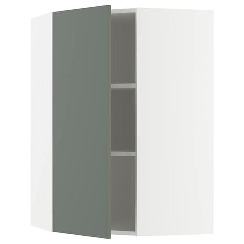 METOD corner wall cabinet with shelves, white/Nickebo matt grey-green, 68x100 cm