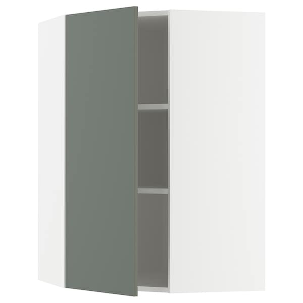 METOD corner wall cabinet with shelves, white/Nickebo matt grey-green, 68x100 cm