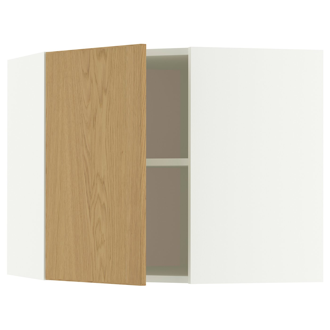 METOD corner wall cabinet with shelves, white/Sinarp oak veneer, 67.5x60.0x67.5 cm