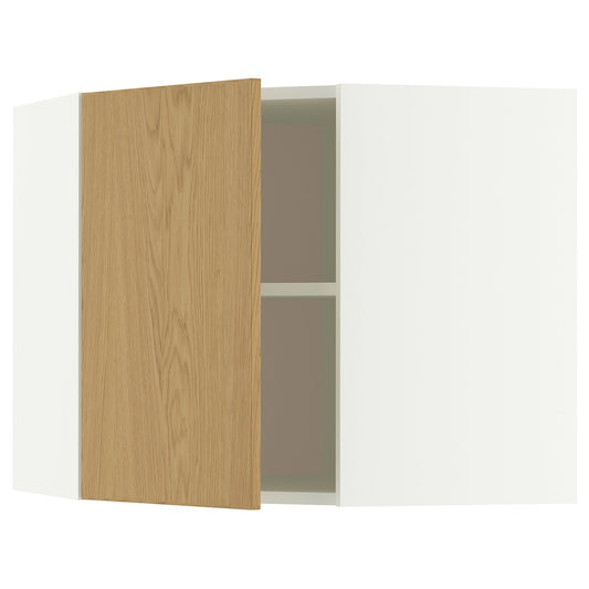 METOD corner wall cabinet with shelves, white/Sinarp oak veneer, 67.5x60.0x67.5 cm
