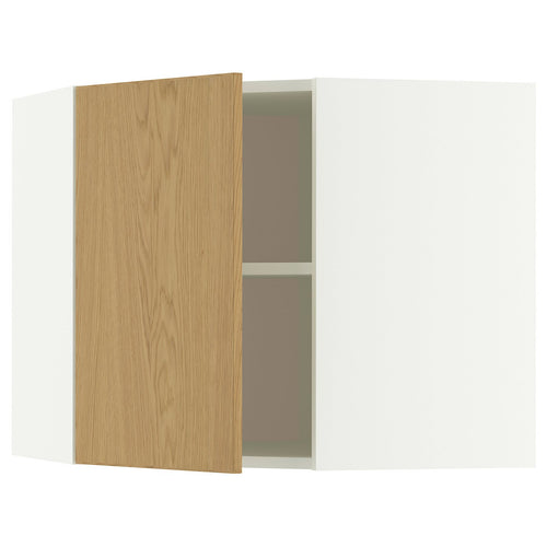 METOD corner wall cabinet with shelves, white/Sinarp oak veneer, 67.5x60.0x67.5 cm
