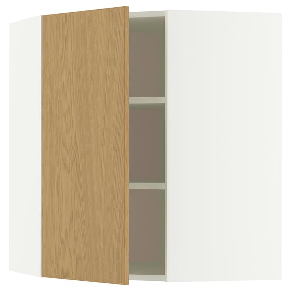 METOD corner wall cabinet with shelves, white/Sinarp oak veneer, 68x80 cm