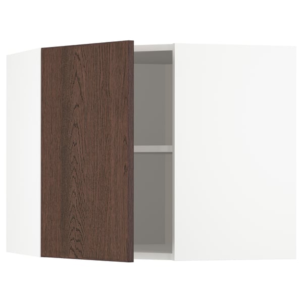 METOD corner wall cabinet with shelves, white/Sinarp brown, 68x60 cm