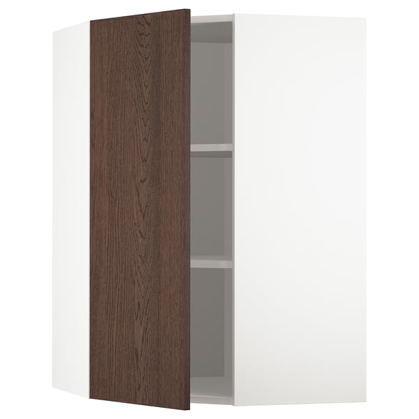 METOD corner wall cabinet with shelves, white/Sinarp brown, 68x100 cm