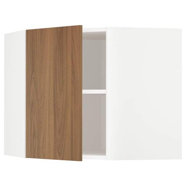 METOD corner wall cabinet with shelves, white/Tistorp brown walnut effect, 68x60 cm
