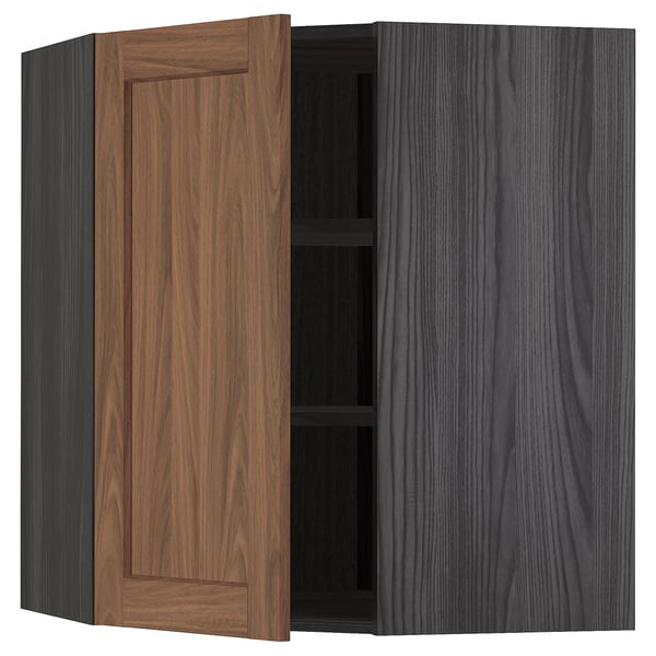 METOD corner wall cabinet with shelves, black Enköping/brown walnut effect, 67.5x80.0x67.5 cm