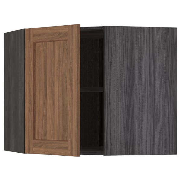 METOD corner wall cabinet with shelves, black Enköping/brown walnut effect