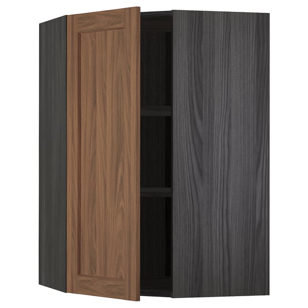 METOD corner wall cabinet with shelves, black Enköping/brown walnut effect