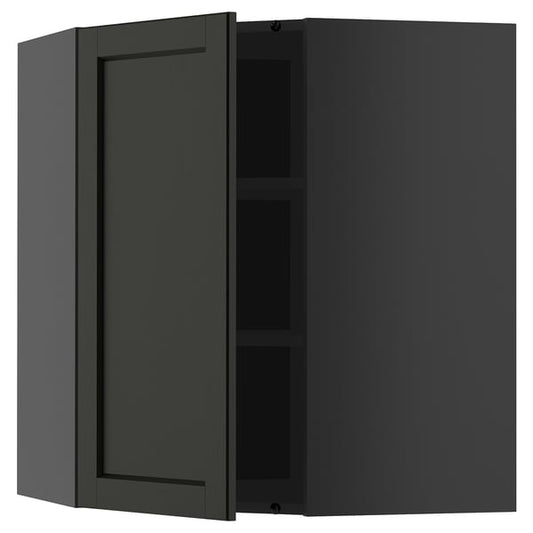 METOD - METOD Corner wall cabinet with shelves, black-grey/Lerhyttan black stained, 68x80 cm