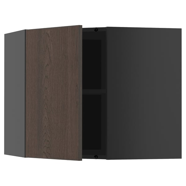 METOD corner wall cabinet with shelves, black-grey/Sinarp brown, 68x60 cm