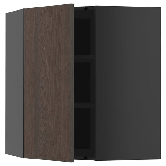 METOD - METOD Corner wall cabinet with shelves, black-grey/Sinarp brown, 68x80 cm