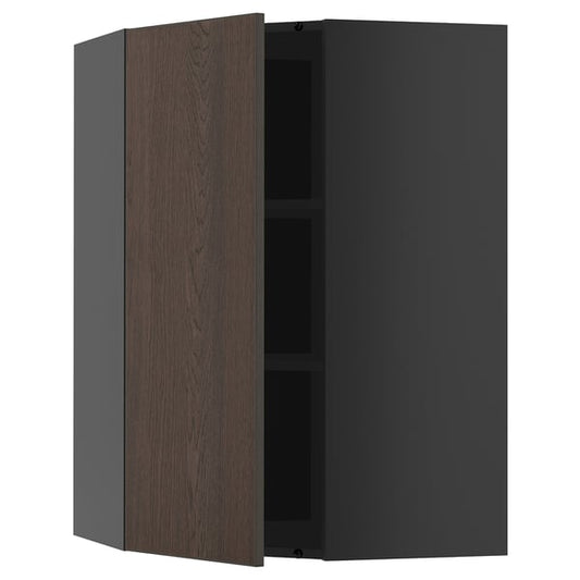 METOD - METOD Corner wall cabinet with shelves, black-grey/Sinarp brown, 68x100 cm