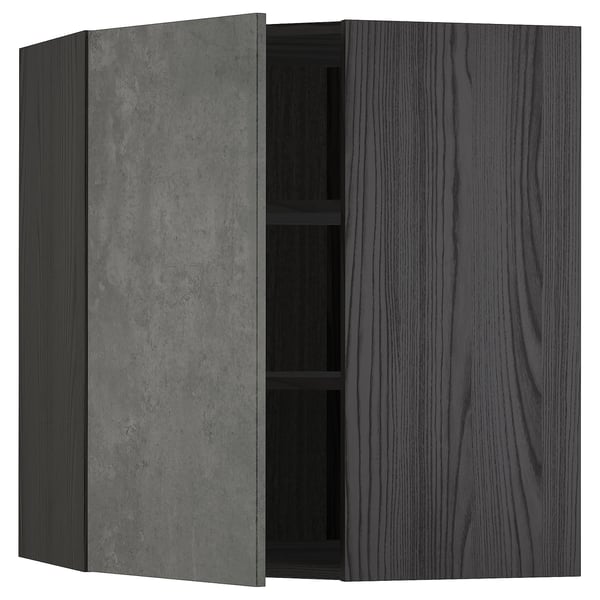 METOD corner wall cabinet with shelves, black/Kalhyttan dark grey concrete effect