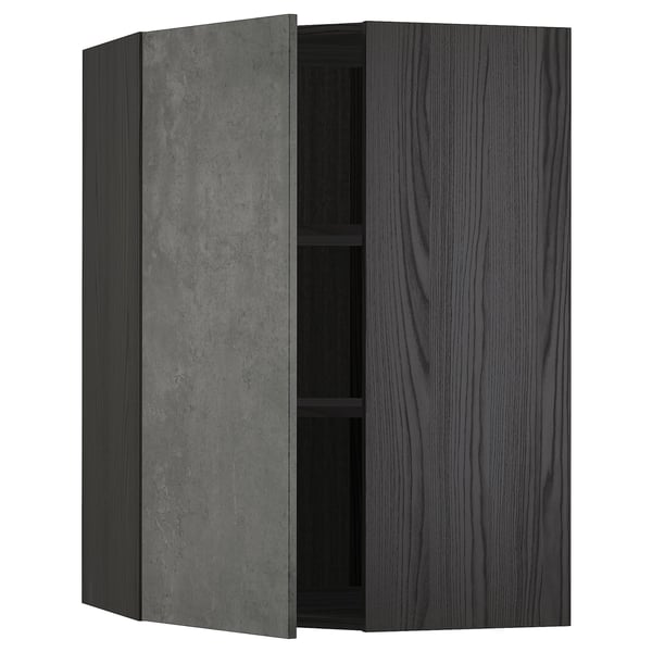 METOD corner wall cabinet with shelves, black/Kalhyttan dark grey concrete effect