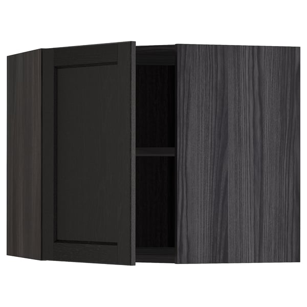 METOD corner wall cabinet with shelves, black/Lerhyttan black stained
