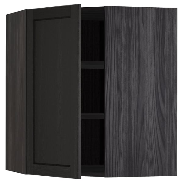 METOD corner wall cabinet with shelves, black/Lerhyttan black stained