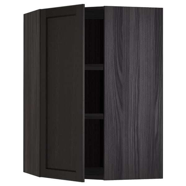METOD corner wall cabinet with shelves, black/Lerhyttan black stained