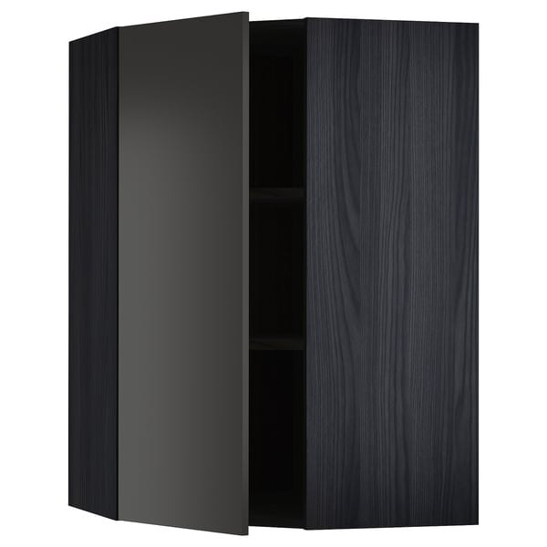 METOD corner wall cabinet with shelves, black/Nickebo matt anthracite