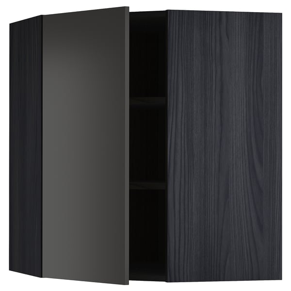 METOD corner wall cabinet with shelves, black/Nickebo matt anthracite