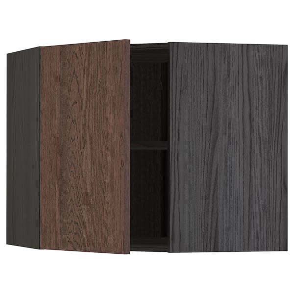 METOD corner wall cabinet with shelves, black/Sinarp brown