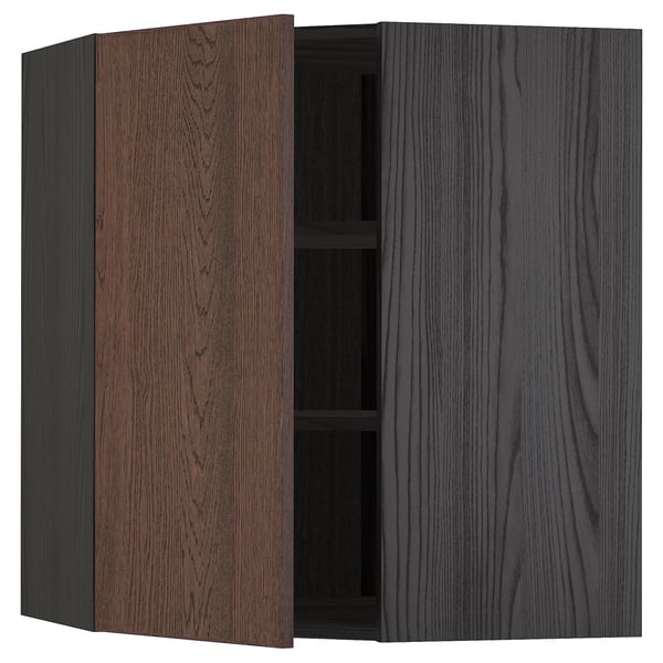 METOD corner wall cabinet with shelves, black/Sinarp brown