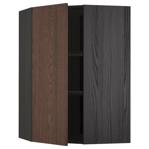 METOD corner wall cabinet with shelves, black/Sinarp brown