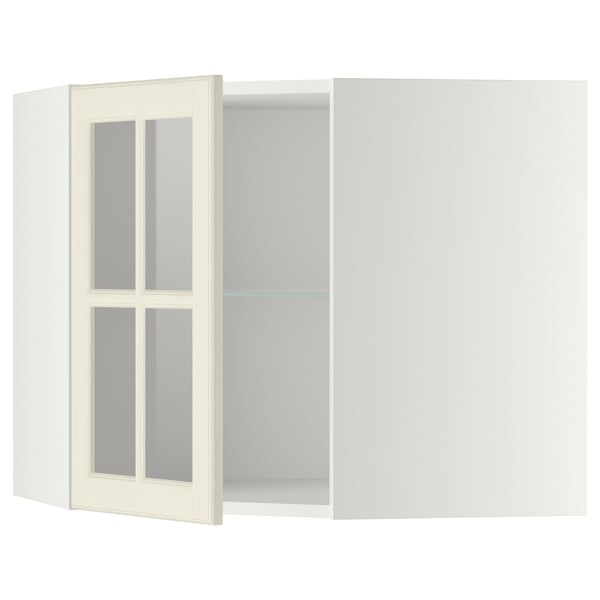METOD corner wall cab w shelves/glass dr, white/Bodbyn off-white, 68x60 cm