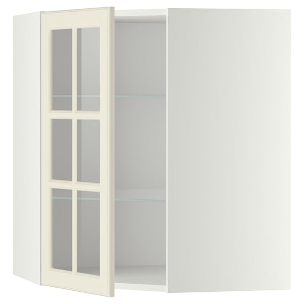 METOD corner wall cab w shelves/glass dr, white/Bodbyn off-white, 68x80 cm