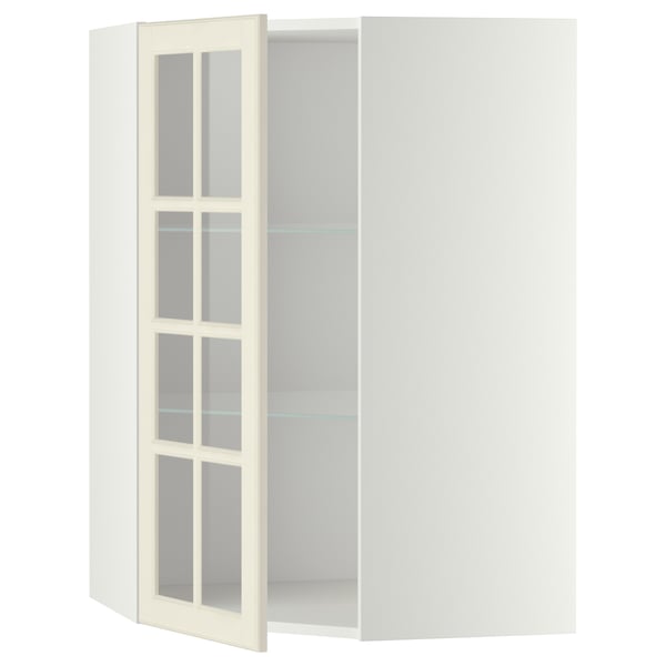METOD corner wall cab w shelves/glass dr, white/Bodbyn off-white, 68x100 cm