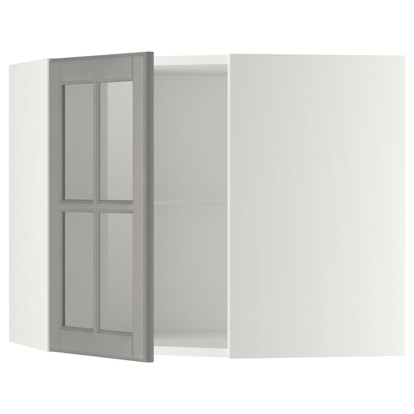 METOD - METOD Corner wall cab w shelves/glass dr, white/Bodbyn grey, 68x60 cm