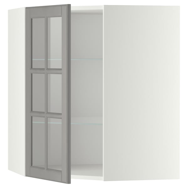 METOD - METOD Corner wall cab w shelves/glass dr, white/Bodbyn grey, 68x80 cm