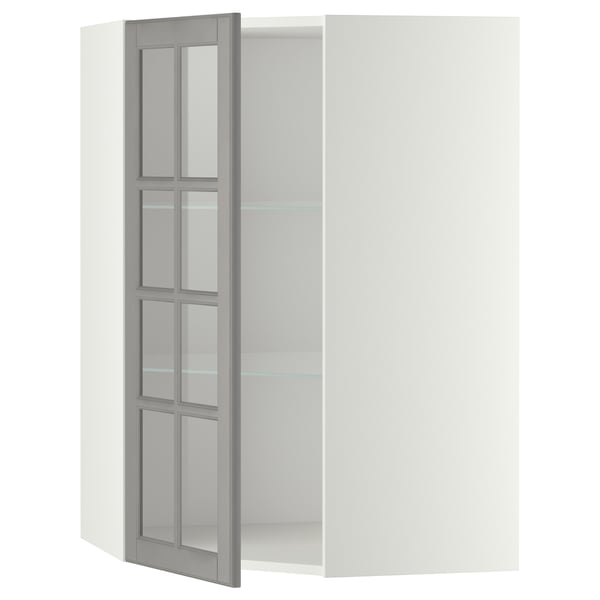 METOD - METOD Corner wall cab w shelves/glass dr, white/Bodbyn grey, 68x100 cm