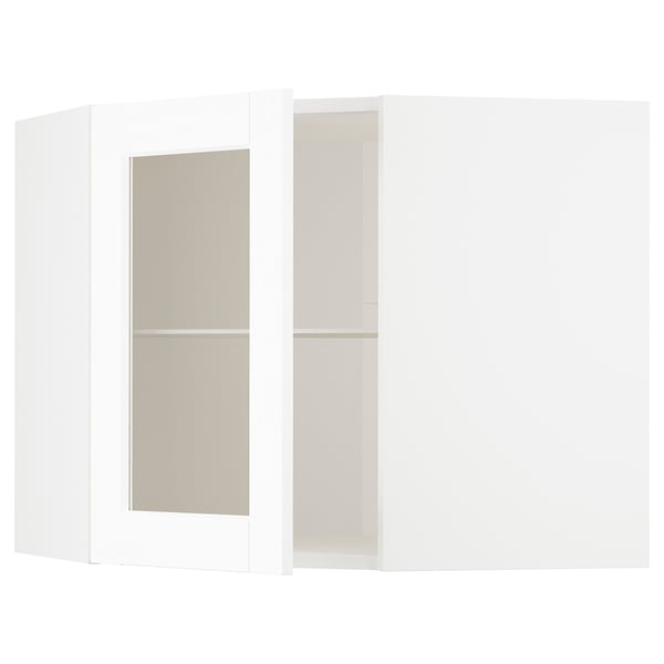METOD corner wall cab w shelves/glass dr, white Enköping/white wood effect, 68x60 cm