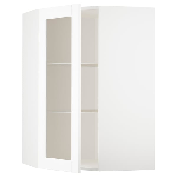 METOD corner wall cab w shelves/glass dr, white Enköping/white wood effect, 68x100 cm