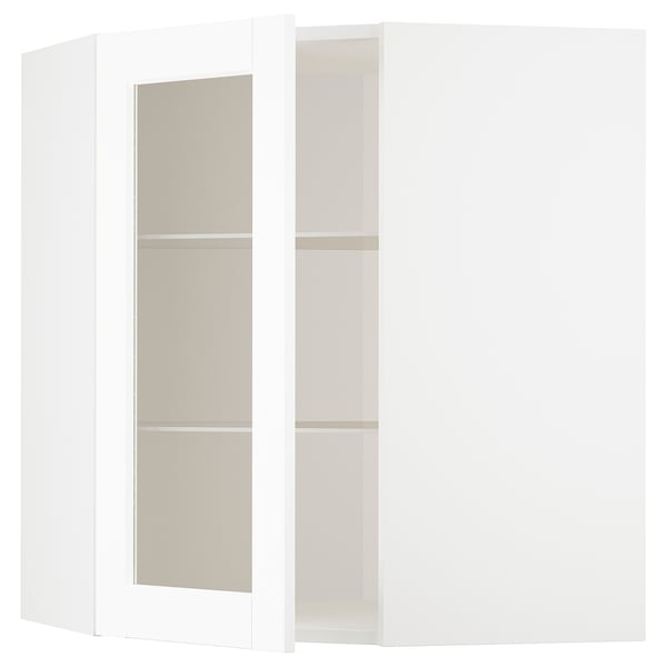 METOD corner wall cab w shelves/glass dr, white Enköping/white wood effect, 68x80 cm