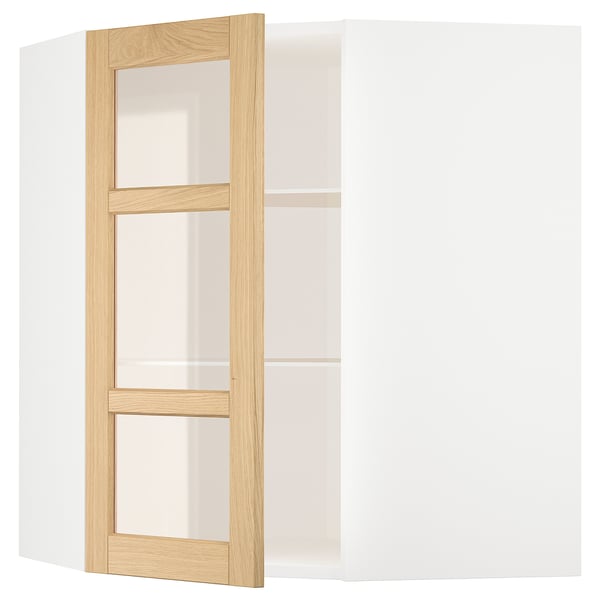 METOD corner wall cab w shelves/glass dr, white/Forsbacka oak, 68x80 cm