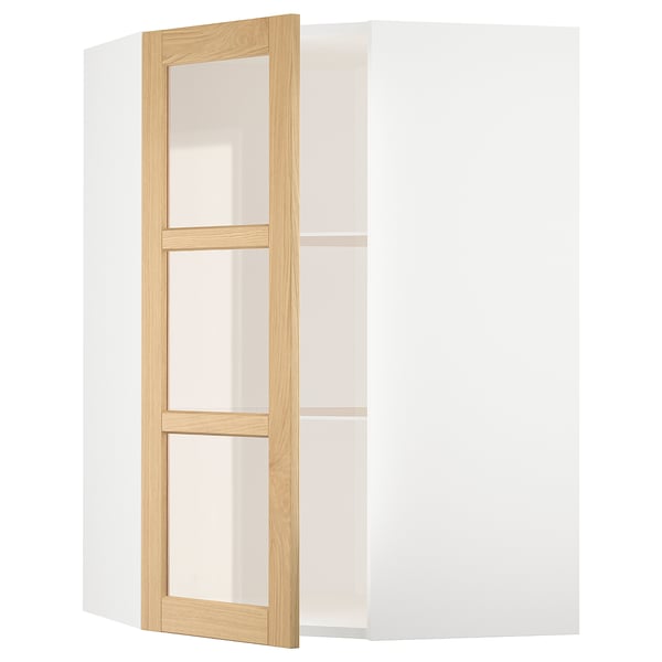 METOD - METOD Corner wall cab w shelves/glass dr, white/Forsbacka oak, 68x100 cm