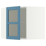 METOD corner wall cab w shelves/glass dr, white/Lerhyttan blue, 68x60 cm