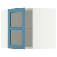 METOD corner wall cab w shelves/glass dr, white/Lerhyttan blue, 68x60 cm