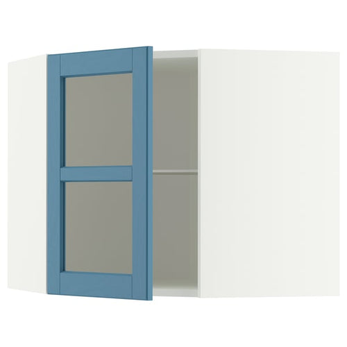 METOD corner wall cab w shelves/glass dr, white/Lerhyttan blue, 68x60 cm